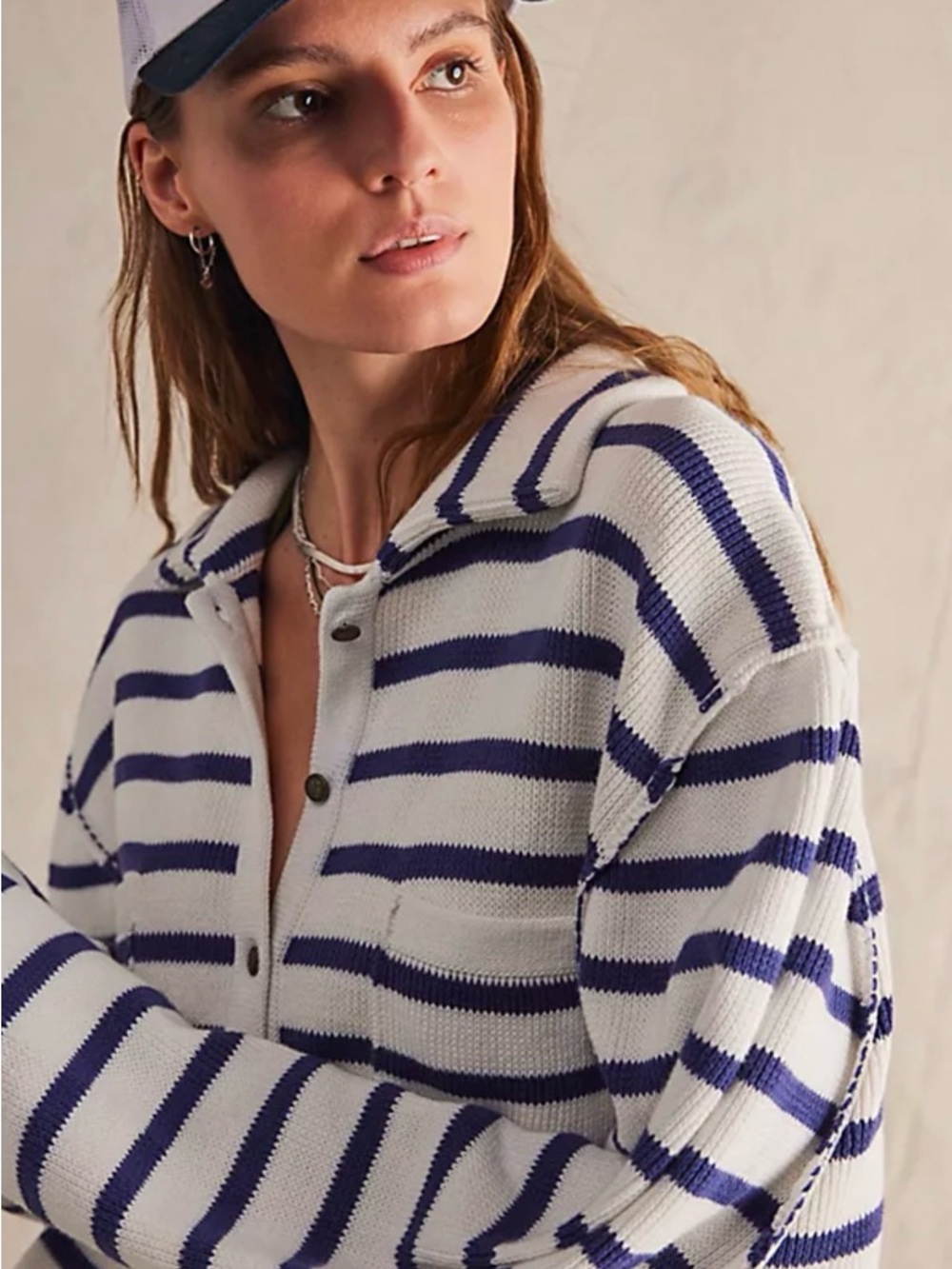 Altar'd State White and Navy Striped Knit Button-Up Shirt